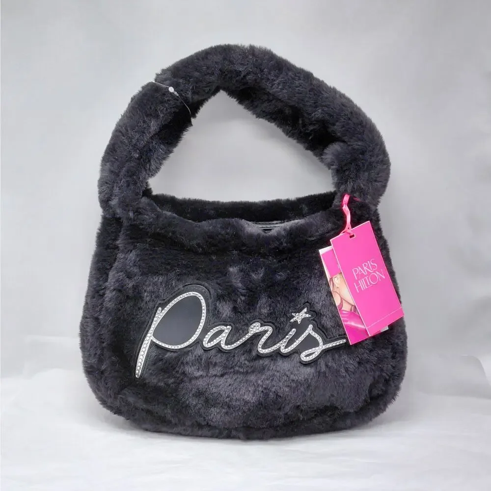 Paris Hilton Handbag Black Faux Fur Rhinestone Logo Baguette Y2K Festival Purse